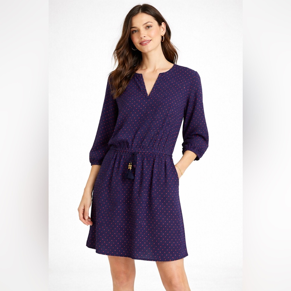 Talbots Women’s Medium Navy Polka Dot Dress Soft Romantic Summer Casual